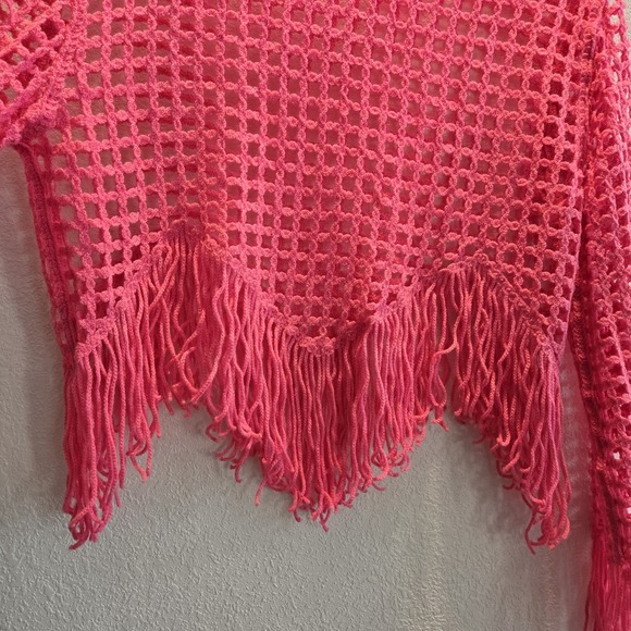 Pink Crochet Fringe Sweater Womens M Boho Festival Coachella Beach Cover Up Top - Picture 6 of 7